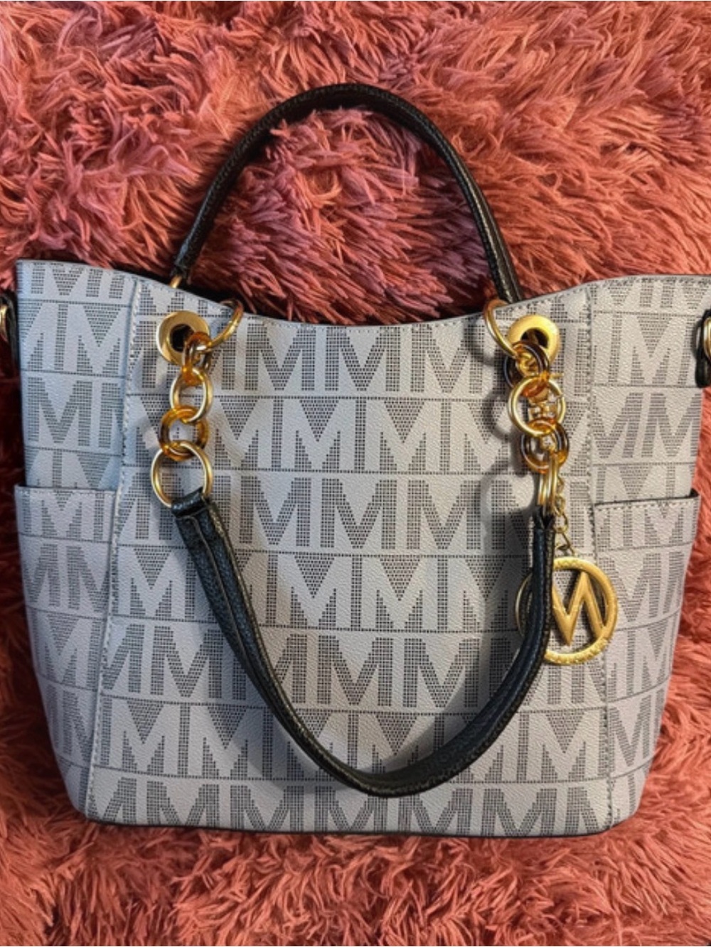 Gray Monogram Tote with Black Handles and Gold Accents